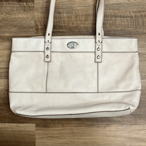 FOSSIL cowhide leather pebble off white Womens shoulder bag purse tote - Picture 2 of 7
